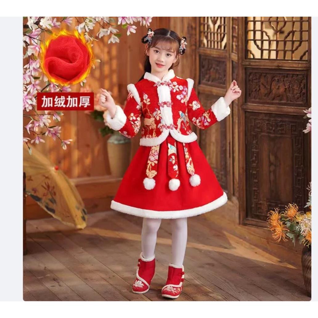 红色汉服女童唐装超仙中国风儿童古装秋冬春季女孩加绒套装套装
