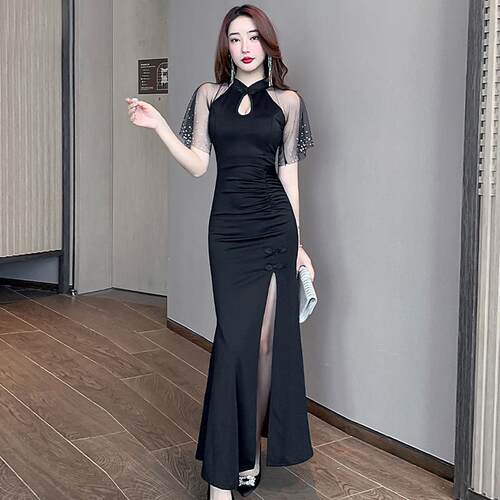 复古旗袍连衣裙女新款包臀性感夜总会佳丽晚礼服裙足浴技师工作服