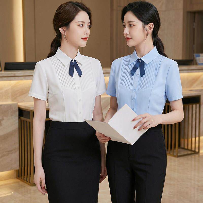 蓝色短袖衬衫女职业装夏季气质酒店前台餐饮服务员工作服衬衣套装