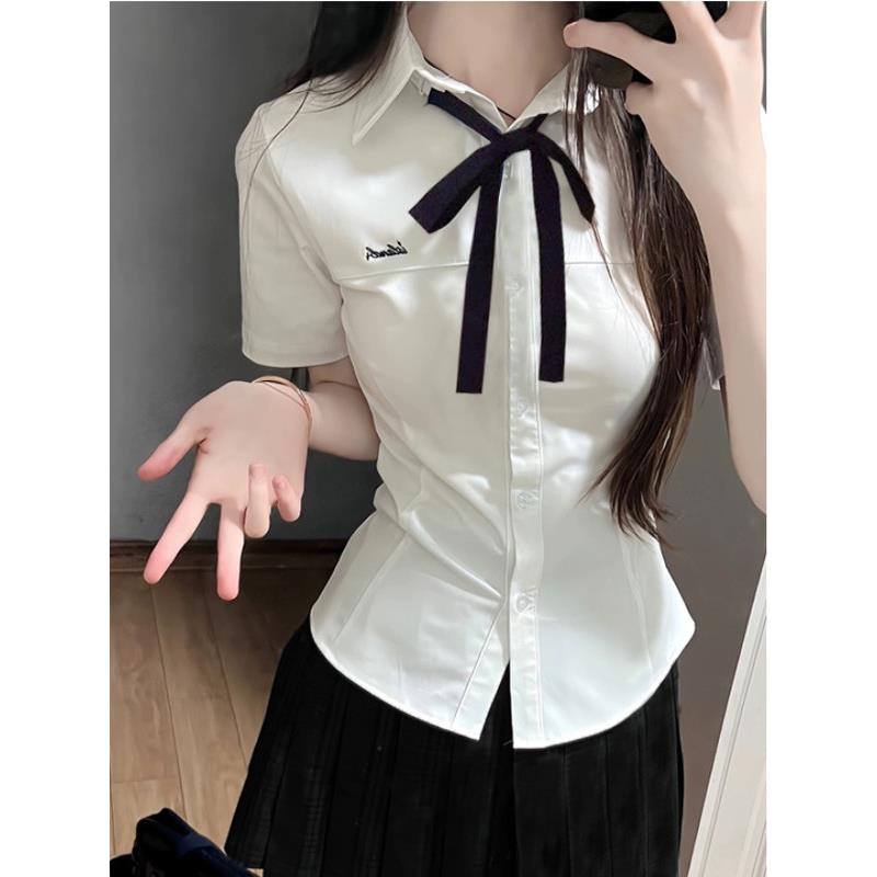夏季制服衬衫女学院风蝴蝶结短袖上衣减龄学生装班服收腰白衬衣