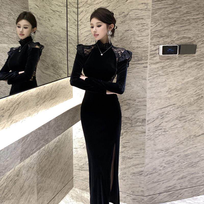显瘦黑色丝绒蕾丝拼接长袖开叉连衣裙法式气质高级感独特宴会长裙