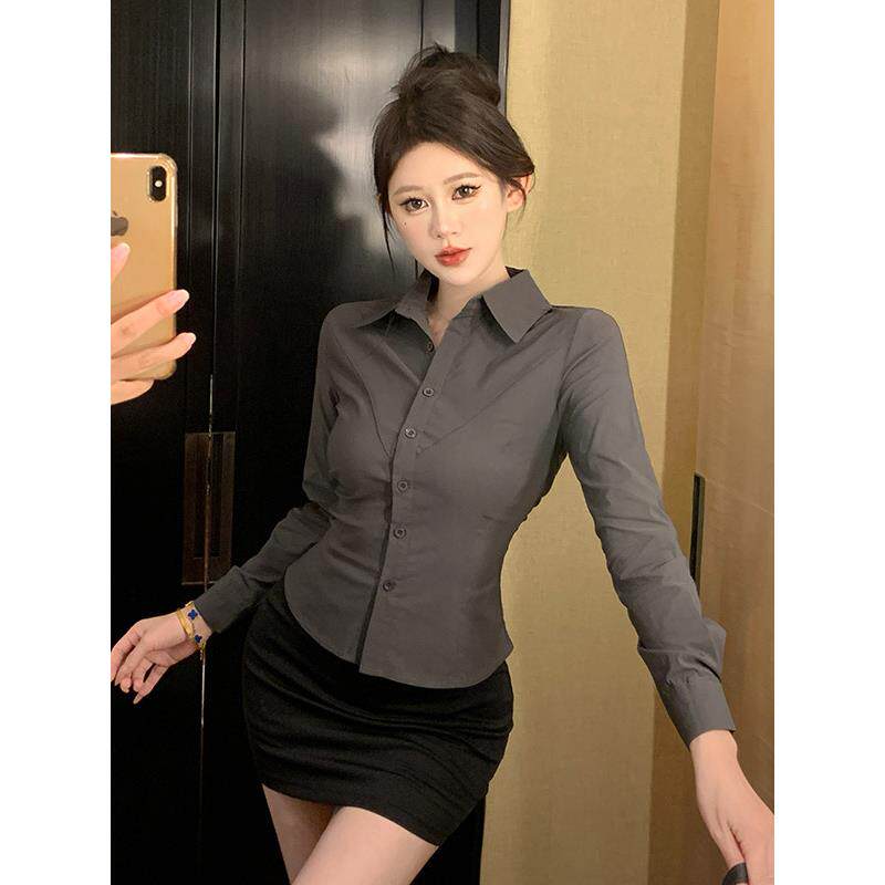 职业装女套装面试制服前台工作服足浴技师性感收腰灰衬衫包臀裙