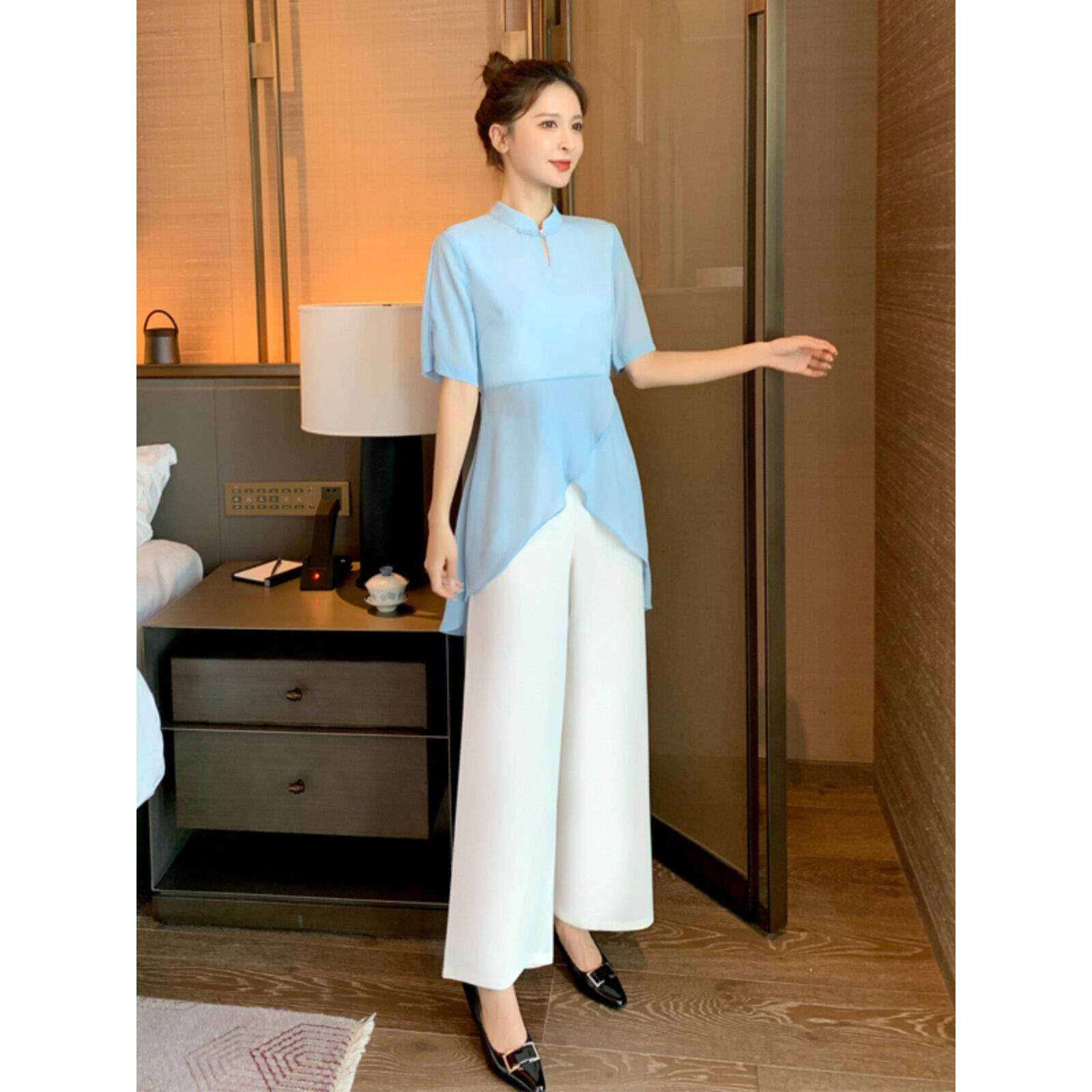 中式唐装套装中国风覆古棉麻茶禅服足疗美容馆采耳师工作两件套女