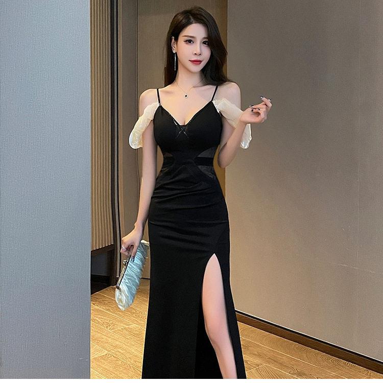 性感吊带晚礼服包臀长款开叉低胸气质拼色连衣裙桑拿技师沐足工衣