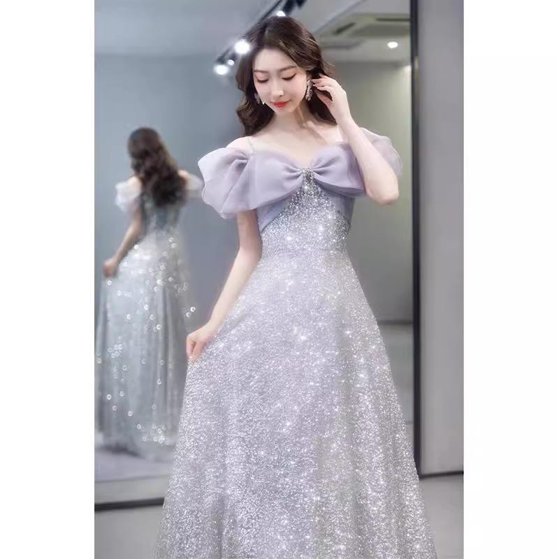 法式晚礼服裙女高端轻奢小众艺考主订持人生日宴会一字肩婚高级感
