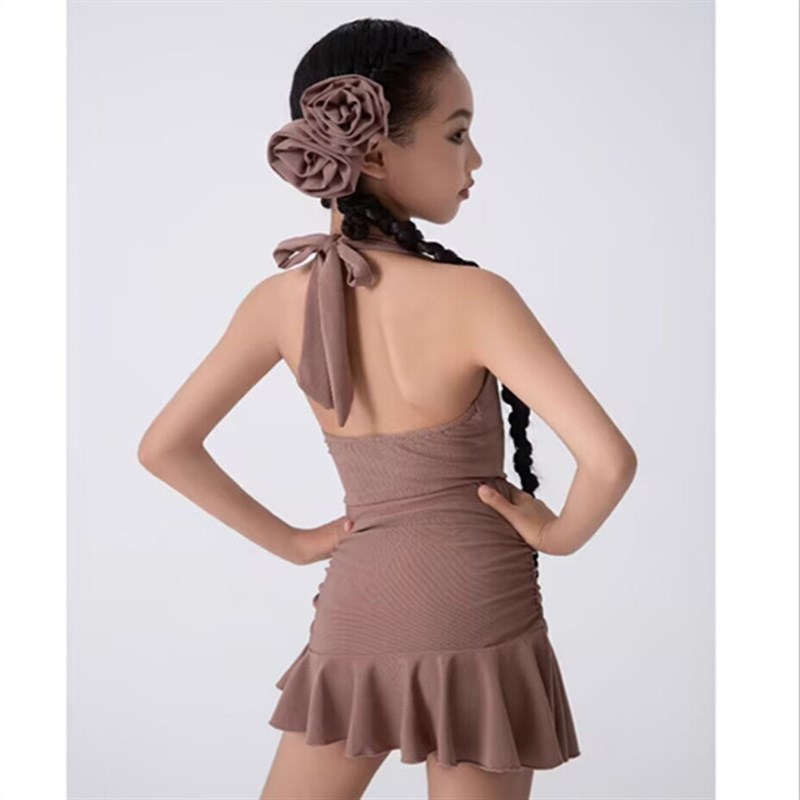 新款拉丁舞服女童挂脖高级感练功服女童无袖露背表演舞服