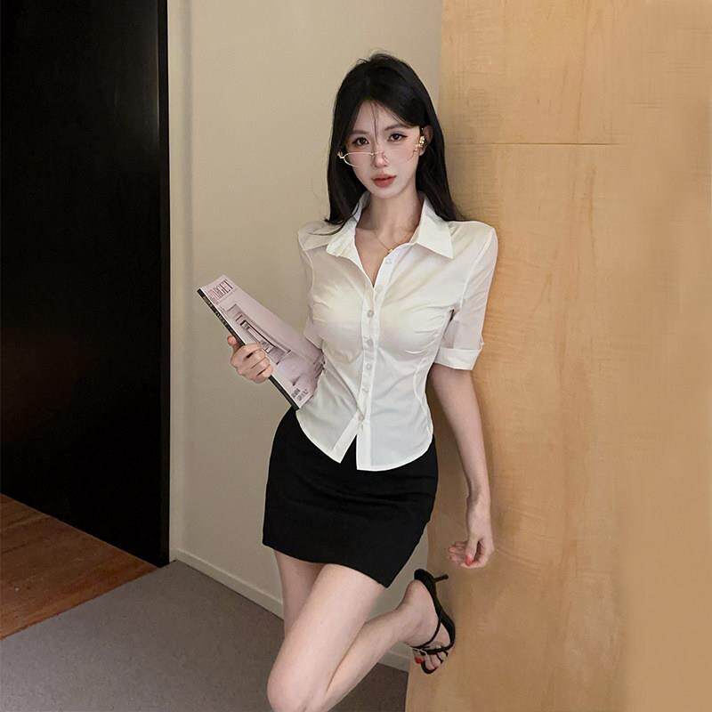 夏季白色中袖衬衫女职业装修身百搭气质韩版修身内搭上衣工作服潮