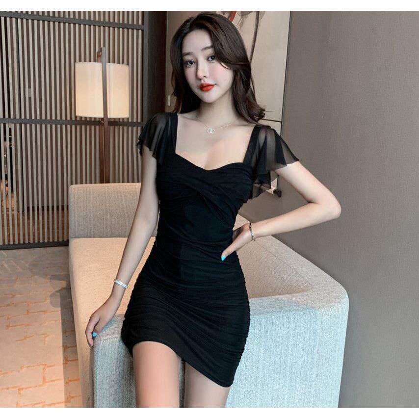 小黑裙方领低胸褶皱紧身包臀裙子辣妹夜场工作服性感夜总店连衣裙