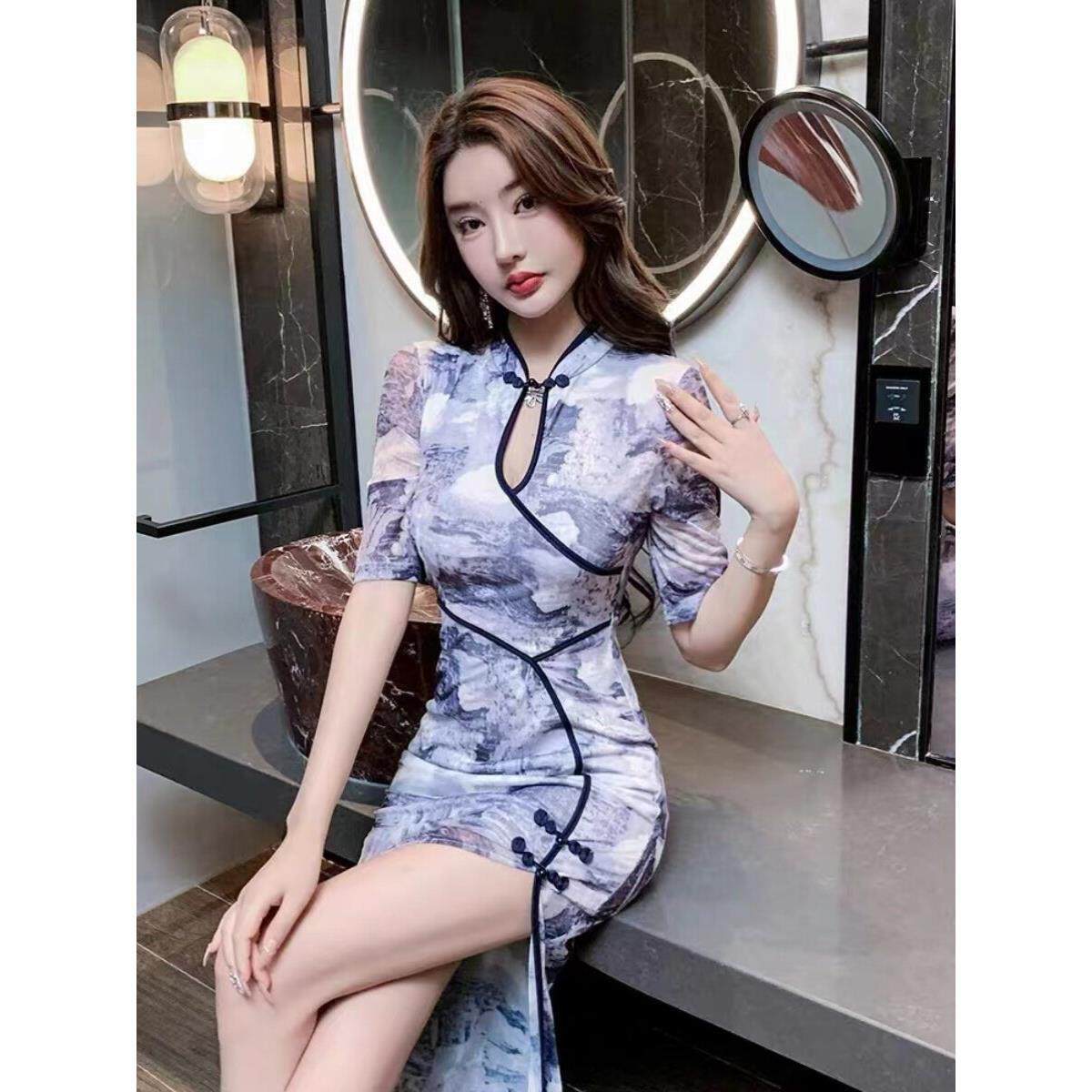 法式覆古旗袍礼服显瘦性感长款连衣裙夏季夜总店女装夜场上班衣服