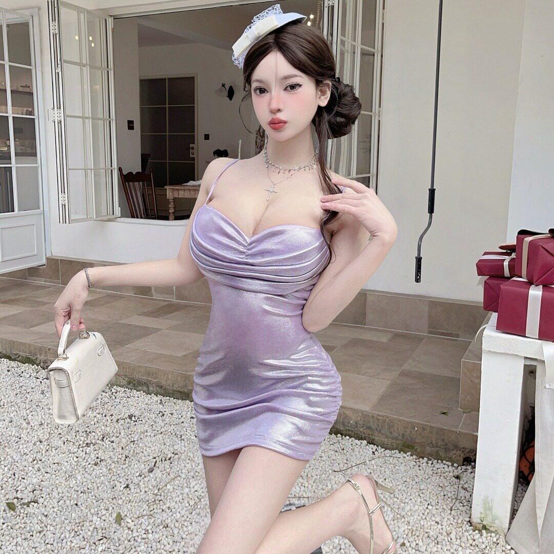 法式辣妹风小礼裙闪皱褶抹胸夜场性感低胸带胸垫紧身包臀连衣裙女