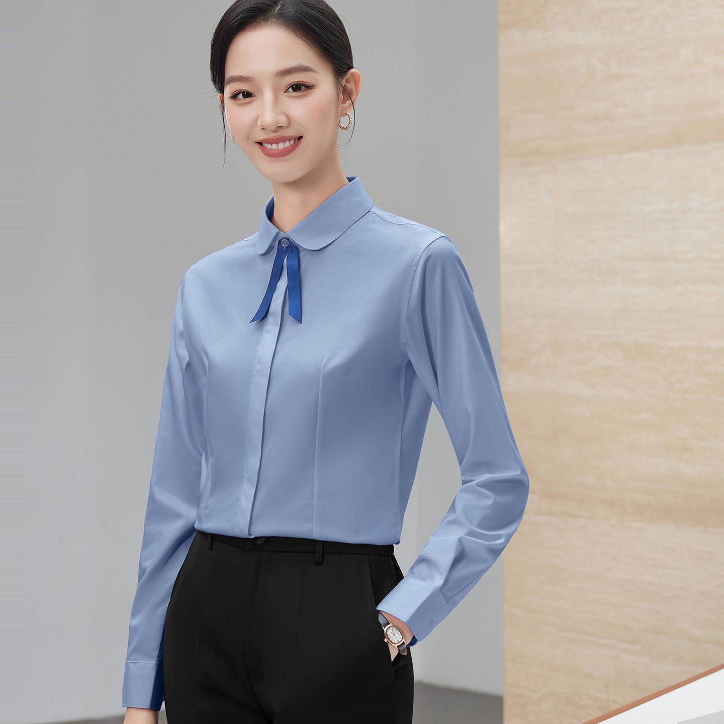 娃娃领减龄免烫白衬衫女长袖职业气质休闲正装面试弹力工装衬衣