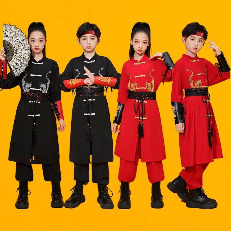 儿童中国风演出服男女国潮爵士街舞服装运动会开幕式武术服打鼓服