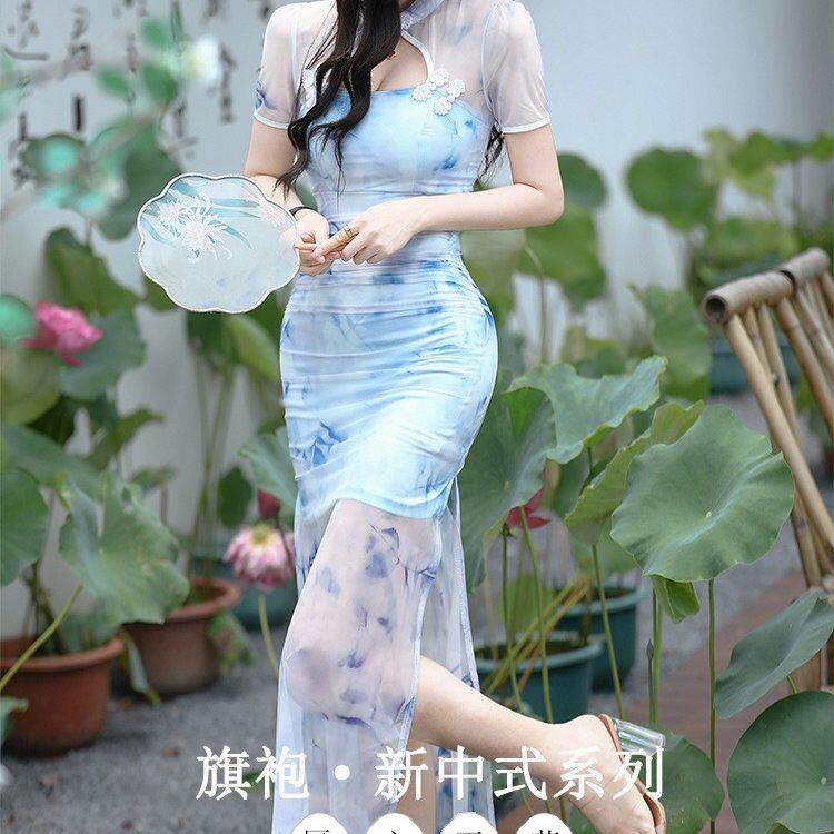 性感包臀晚礼服夏季时尚气质碎花旗袍复古连衣裙柔式技师长裙