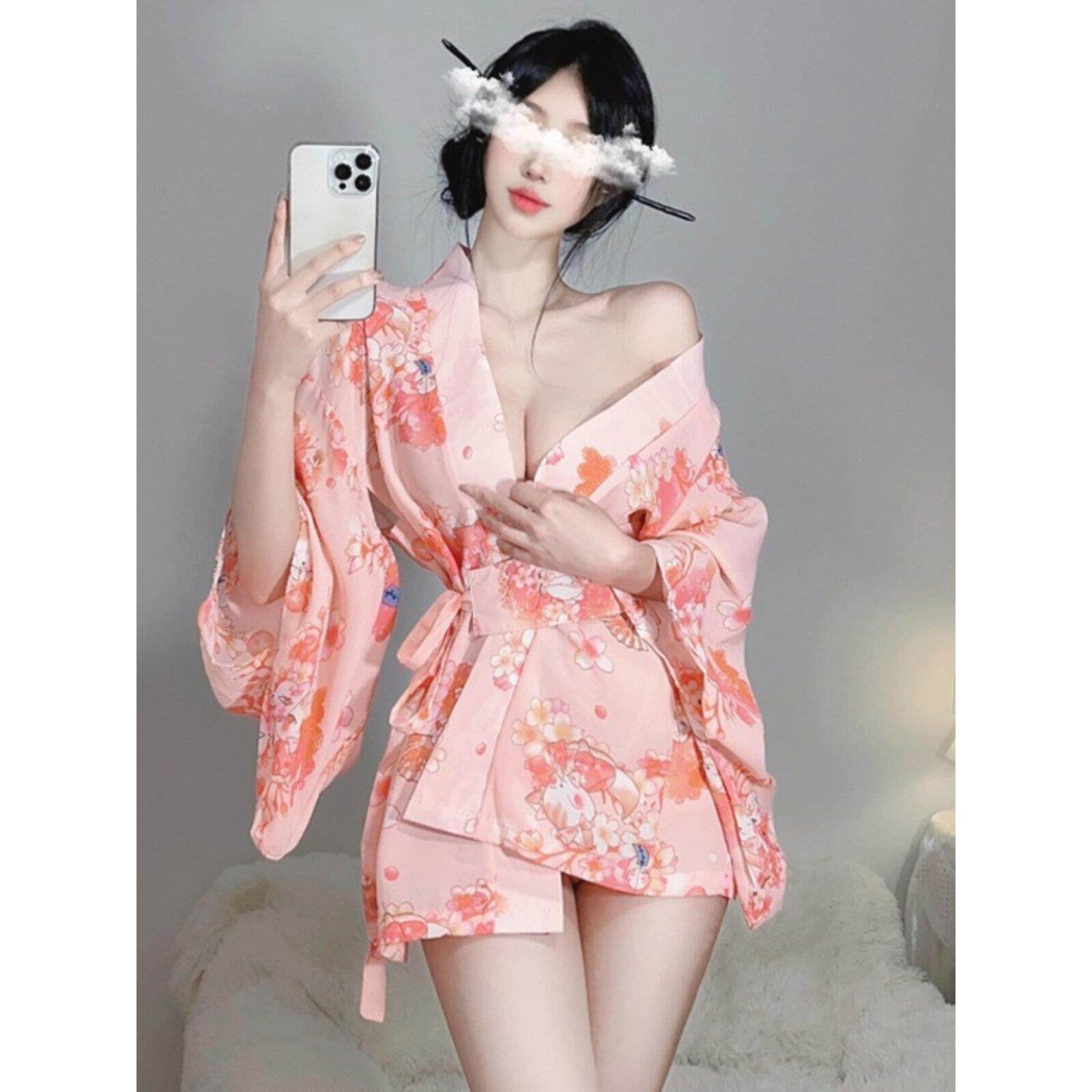 甜美性感深领彩色腰带露胸和服连衣裙宽松足浴技师工作服装的妇女