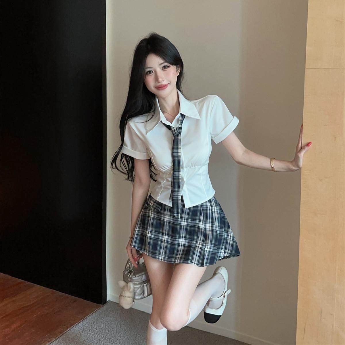 夜总店连衣裙气质收腰白衬衫格子裤裙套装采耳美容足浴技师工作服