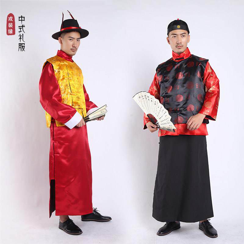 新郎结婚礼服中式民国复古装风马甲唐装老人寿庆衣服装伴郎大褂男