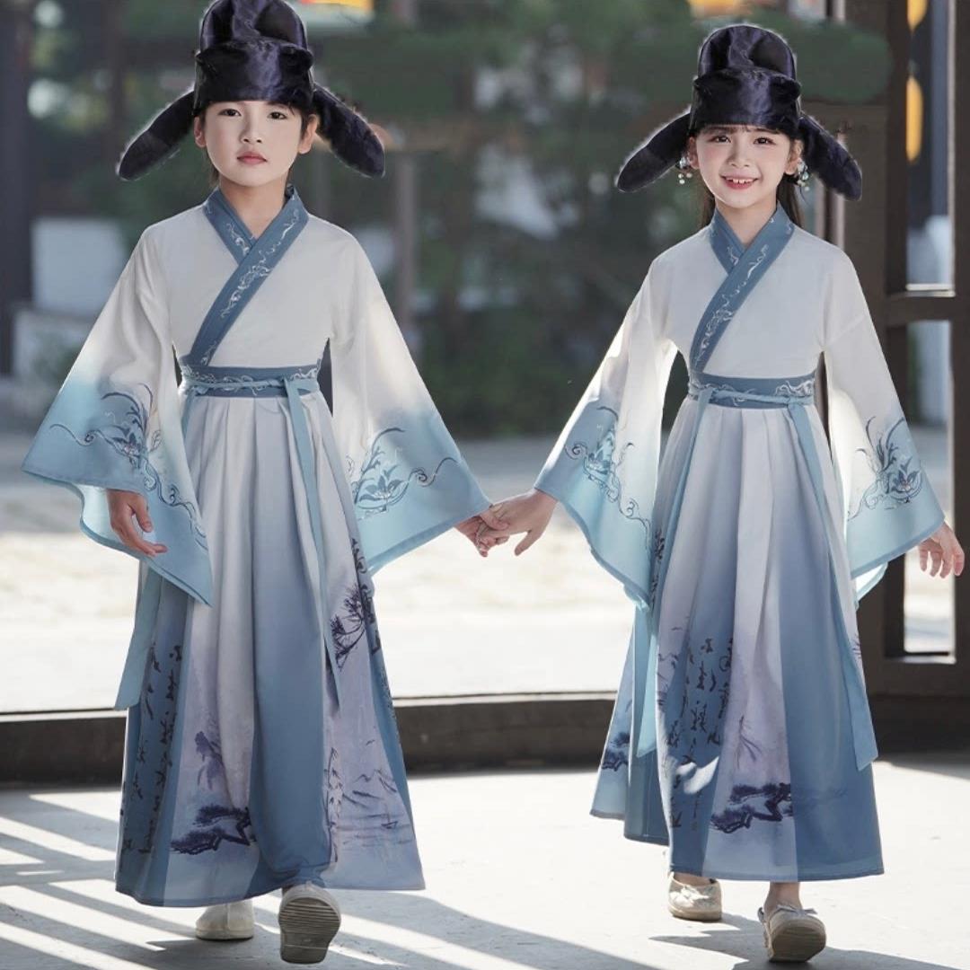 儿童古装书童古诗词朗诵书生表演服国学汉服诗人李白杜甫表演服装