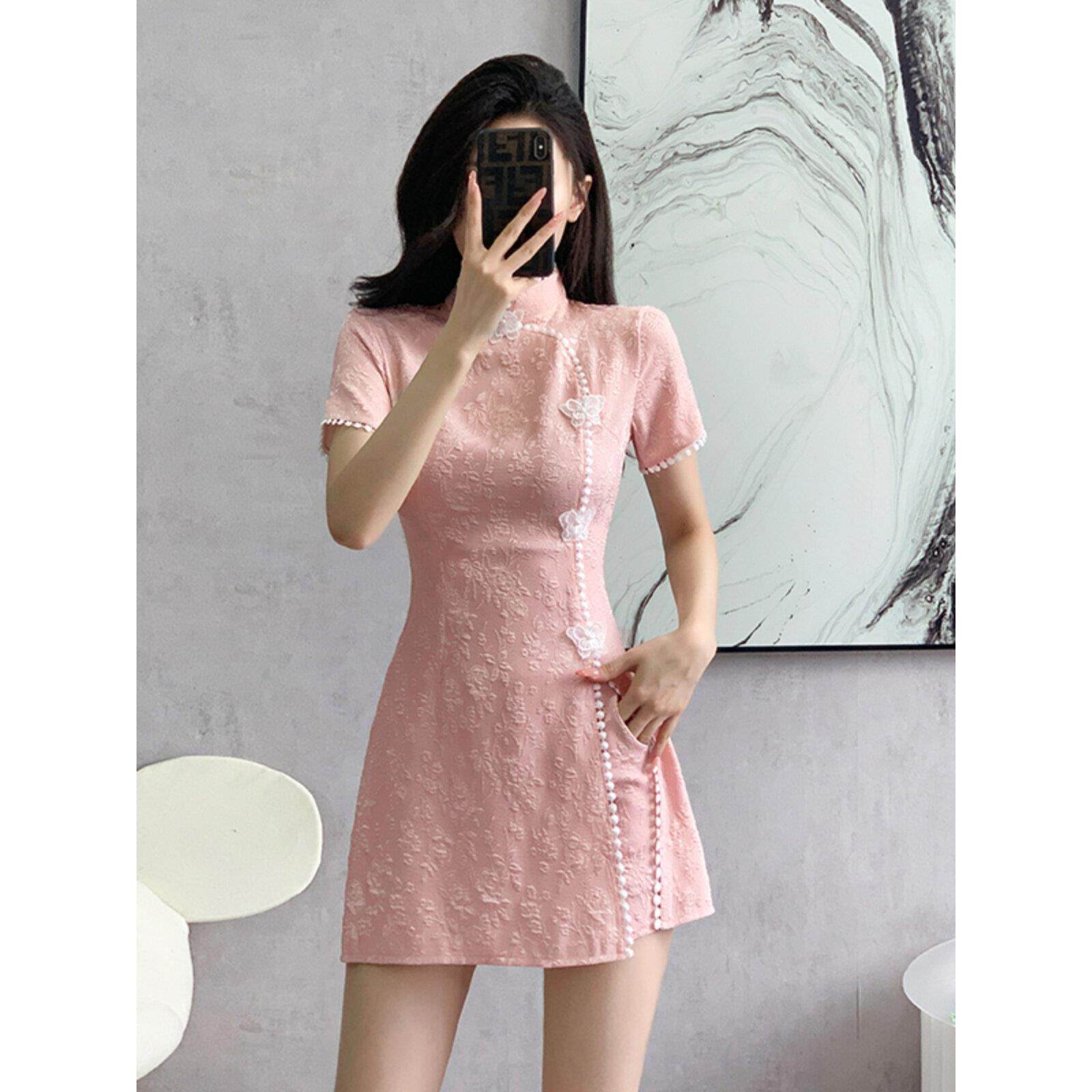 粉色提花旗袍两件套装裙子夏季足浴足疗工作服柔式按摩女技师衣服