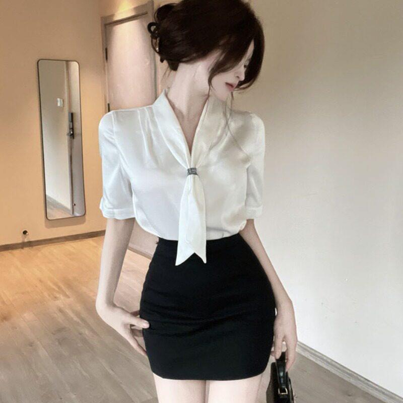 酒店会所前台上班服女修身短袖雪纺衬衫包臀裙养生馆足浴技师工衣