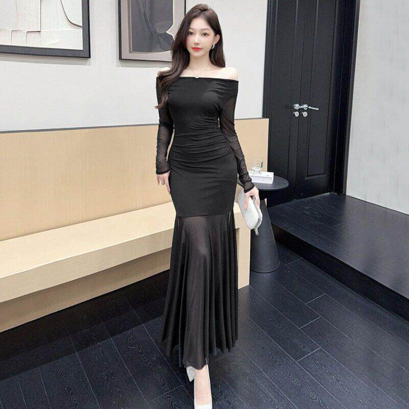 名媛气质连衣裙修身性感一字领长裙网纱新款女装包臀鱼尾长袖裙子