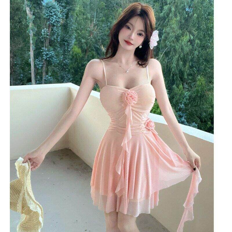 辣妹性感花朵网纱吊带连衣裙女夏季挂脖抹胸修身收腰显瘦字短裙