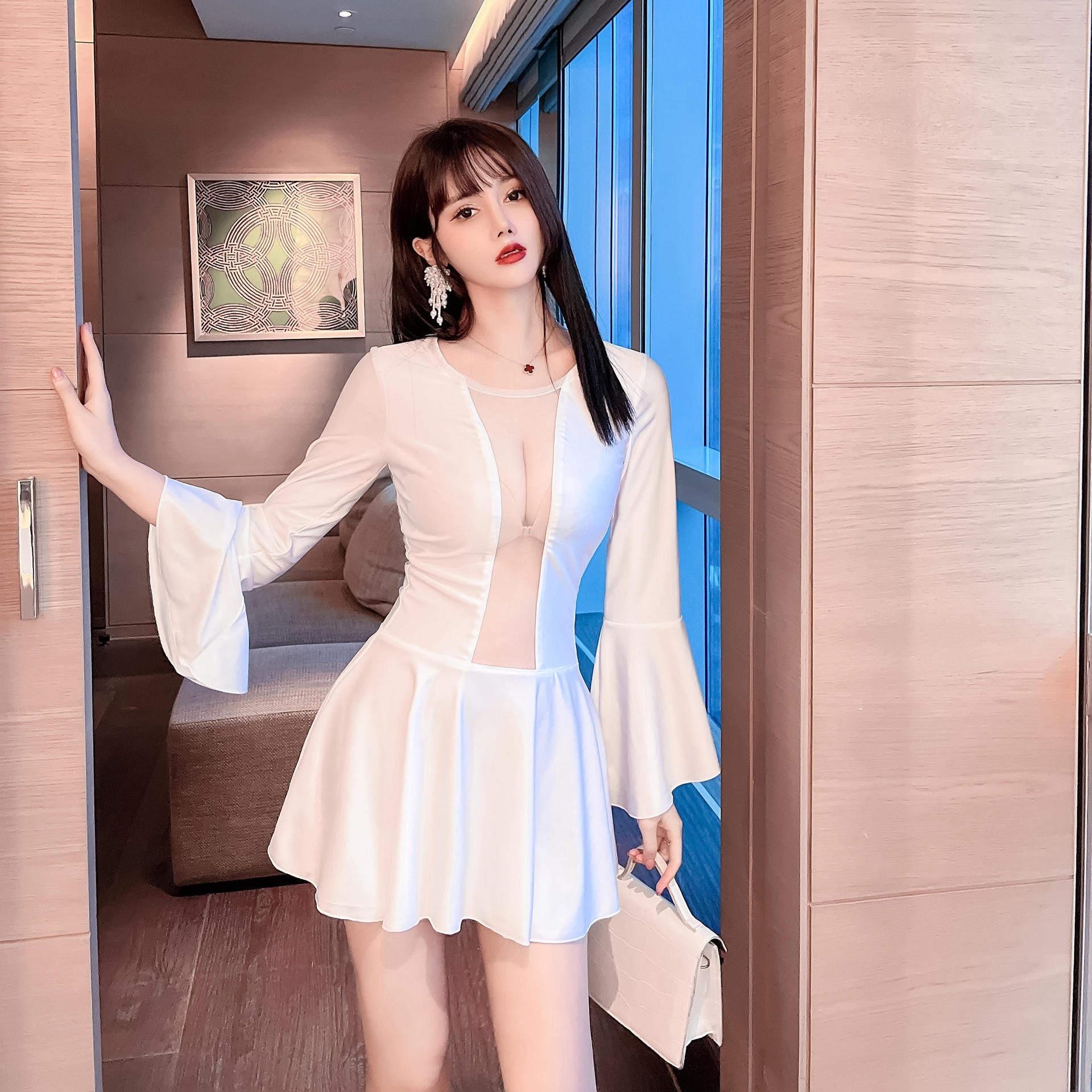 性感网纱拼接白色夜总会连衣裙夜场短裙女装桑拿技师工作服