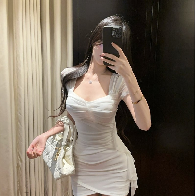 夜场女技师上班工作服性感低胸网纱包臀连衣裙辣妹纯欲不规则短裙