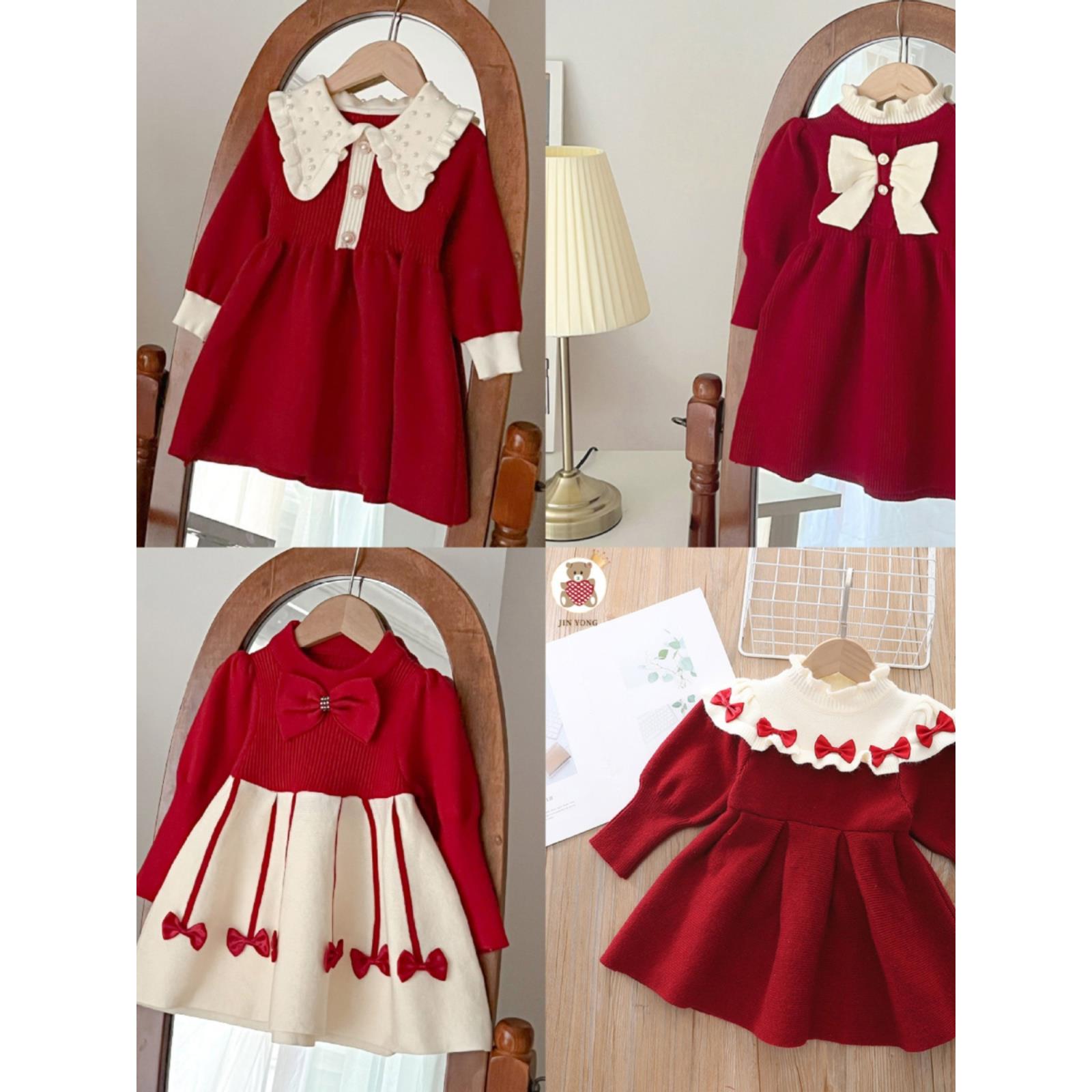 女生2024拜年服连衣裙韩版针织秋冬新款宝宝毛衣裙洋气时尚公主裙