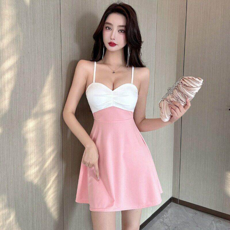 吊带撞色连衣裙夏季低胸露背高腰遮肚足浴足疗夜总店女装性感短裙
