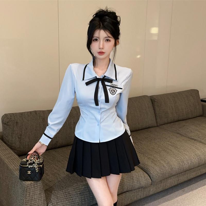 学院风制服套装女秋冬季长袖衬衣减龄百褶裙足浴足疗技师工作服