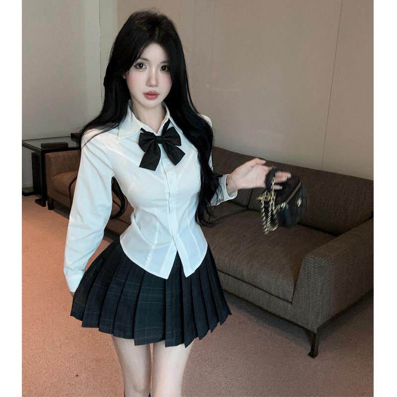 制服长袖蝴蝶结衬衫女秋季新款修身学院风白色百搭工作服上衣潮