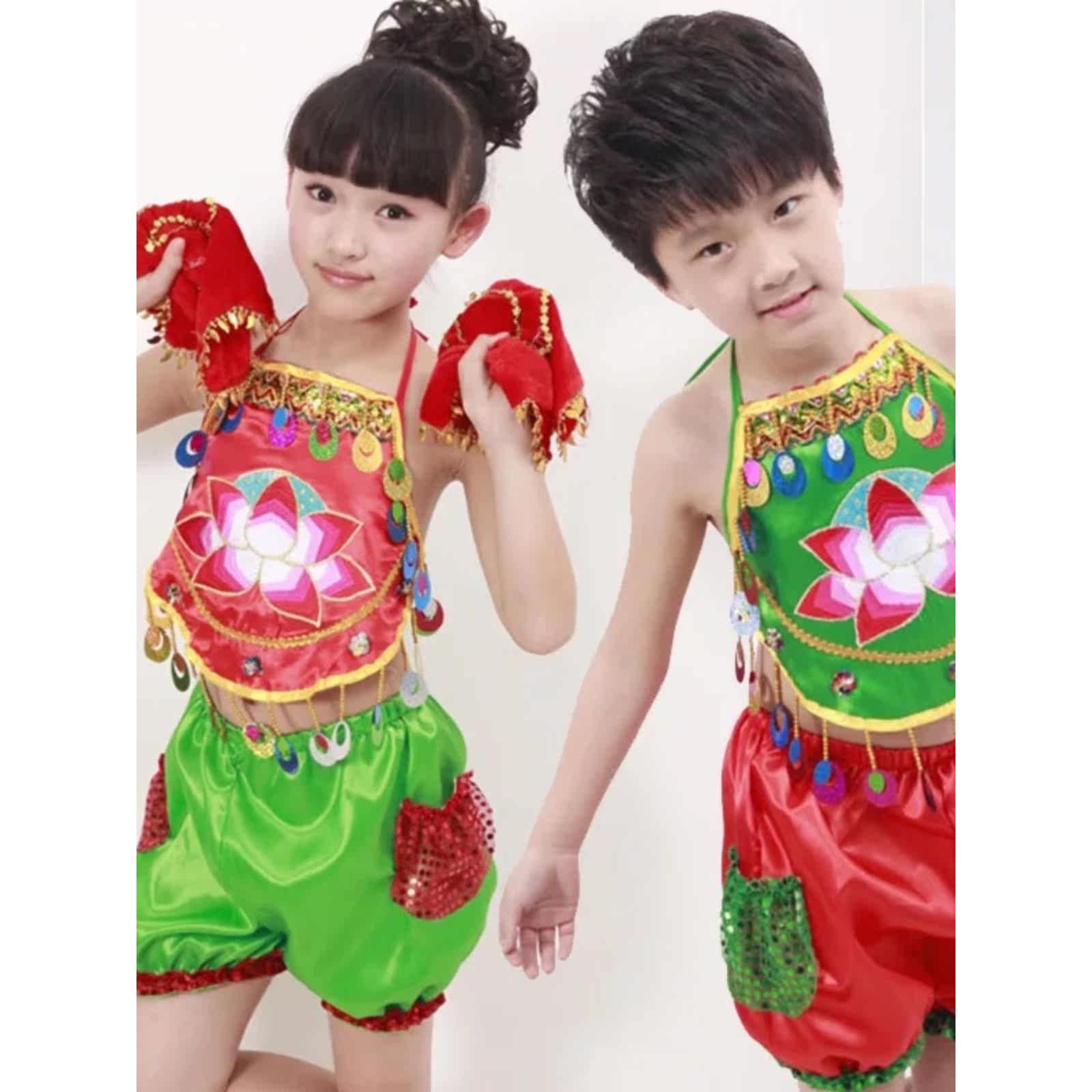 新款六一幼儿肚兜表演服儿童喜庆秧歌舞手绢舞民族男女童演出服装