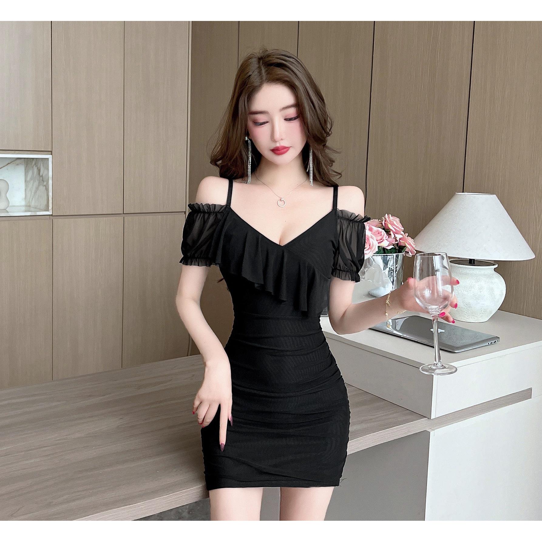 黑色吊带女裙夏季时尚褶边领低胸修身紧身裙夜总会性感连衣裙