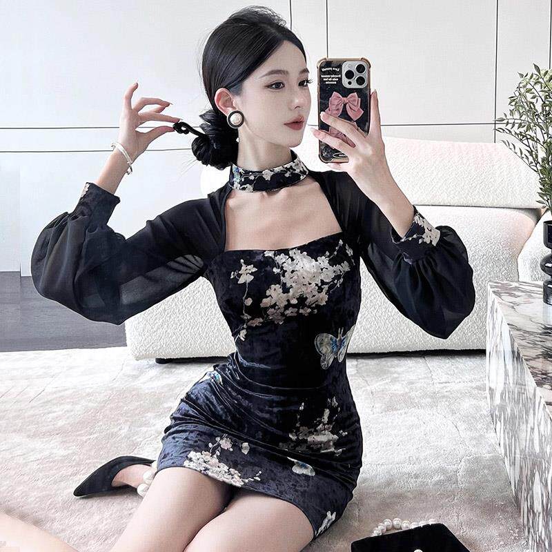 直播衣服女主播服装上镜年轻款少女性感网纱拼接改良版旗袍连衣裙
