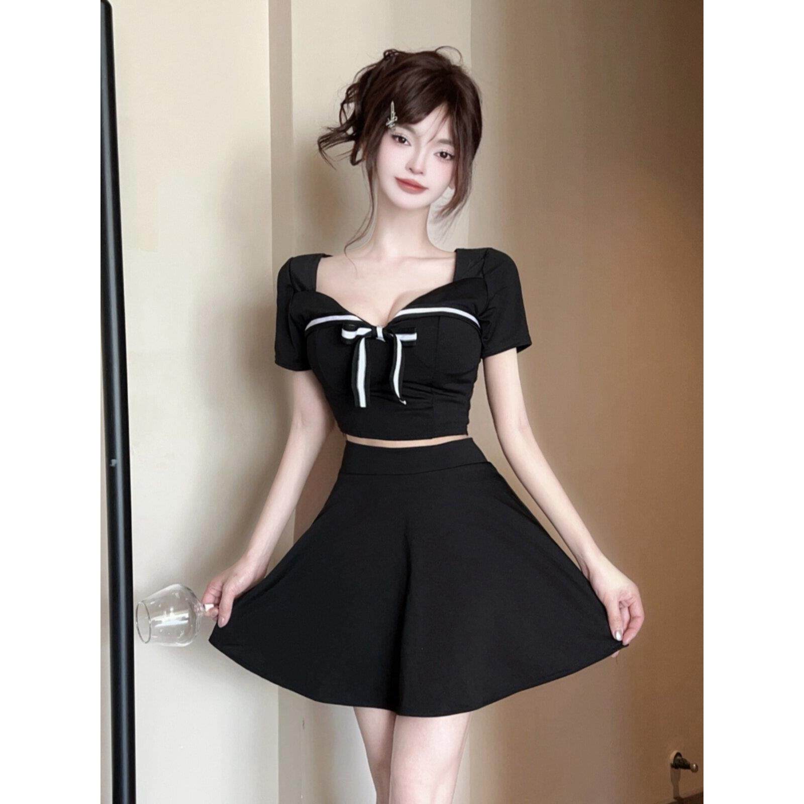夜店女式短上衣+短裙学院风纯色性感低胸短袖无腰套装裙两件套