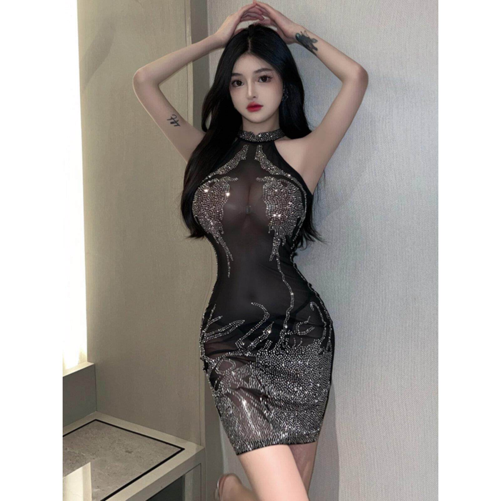 夜店性感透视网纱烫钻连衣裙欧美街头酒吧蹦迪显瘦显瘦包臀短裙潮