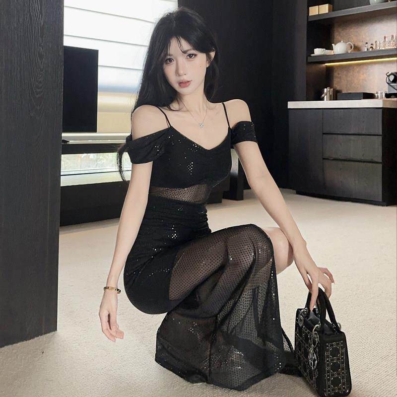 吊带亮片长款开叉连衣裙夜场佳丽晚礼服性感夜总会技师工作服