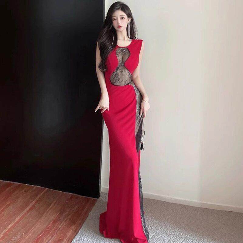 晚礼服夜场上班衣服性感蕾丝透视长裙显身材性感连衣裙技师工作服
