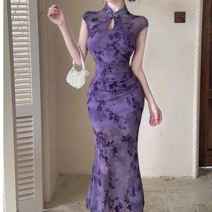 网纱旗袍女新中式长款美容院工作服技师服茶艺师茶服礼服