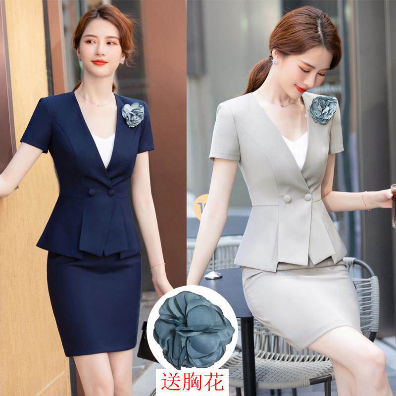 珠宝店美容师工作服餐饮收银服务员职业装西装套装女夏季薄款短袖