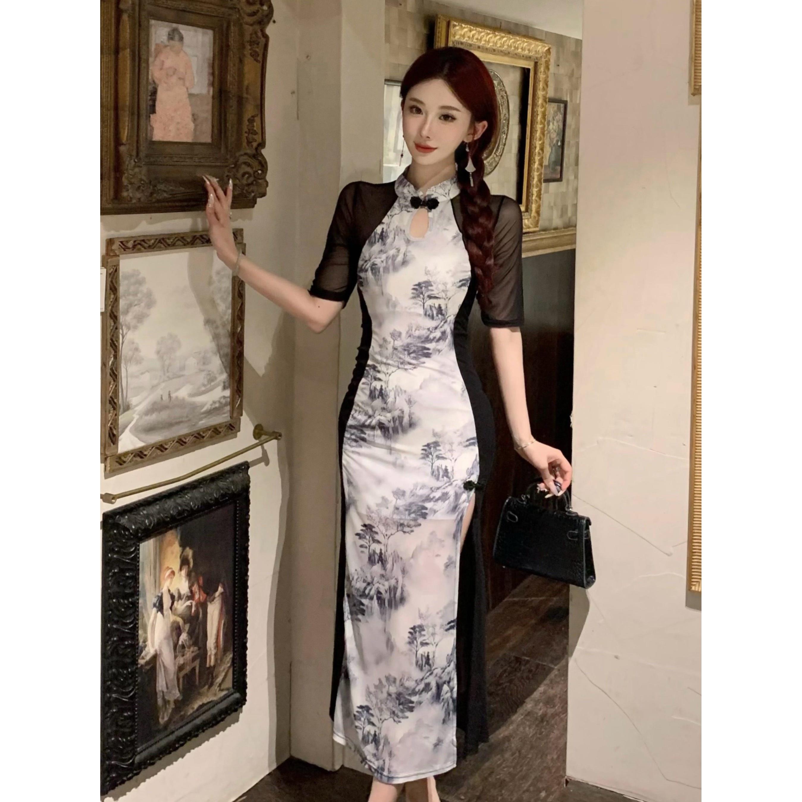 夏季直播服装女主播新中国风改良旗袍性感网眼印花对比色拼接民族