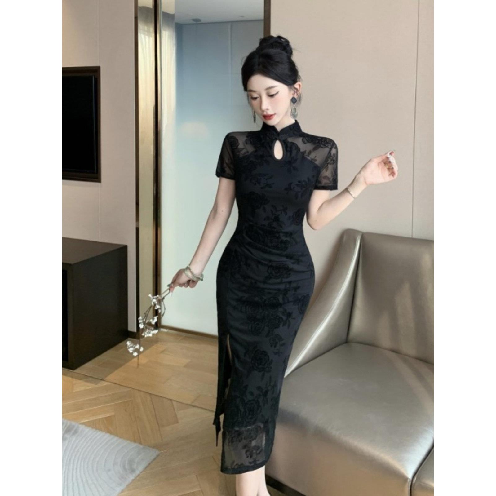 夏季黑色新中国风开衩改良旗袍裙修身网眼短袖优雅连衣裙女主播