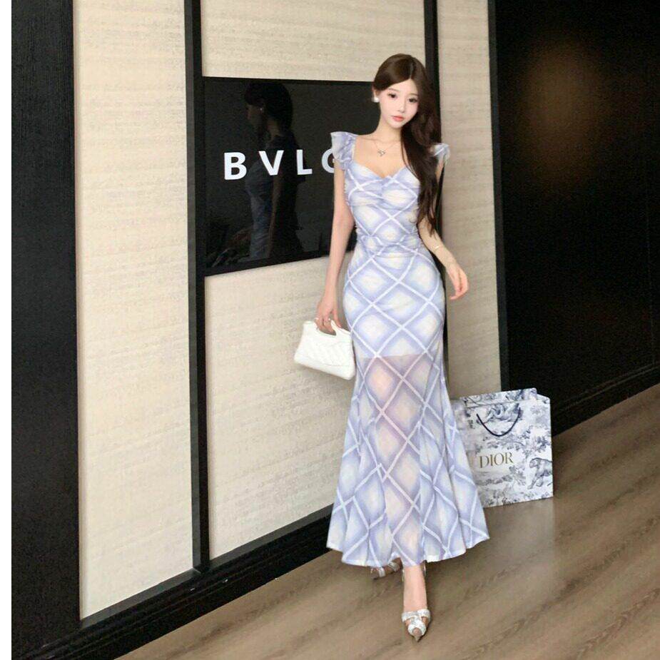 气质风复古网纱蕾丝吊带连衣裙女高级感时尚性感气质收腰礼服长裙