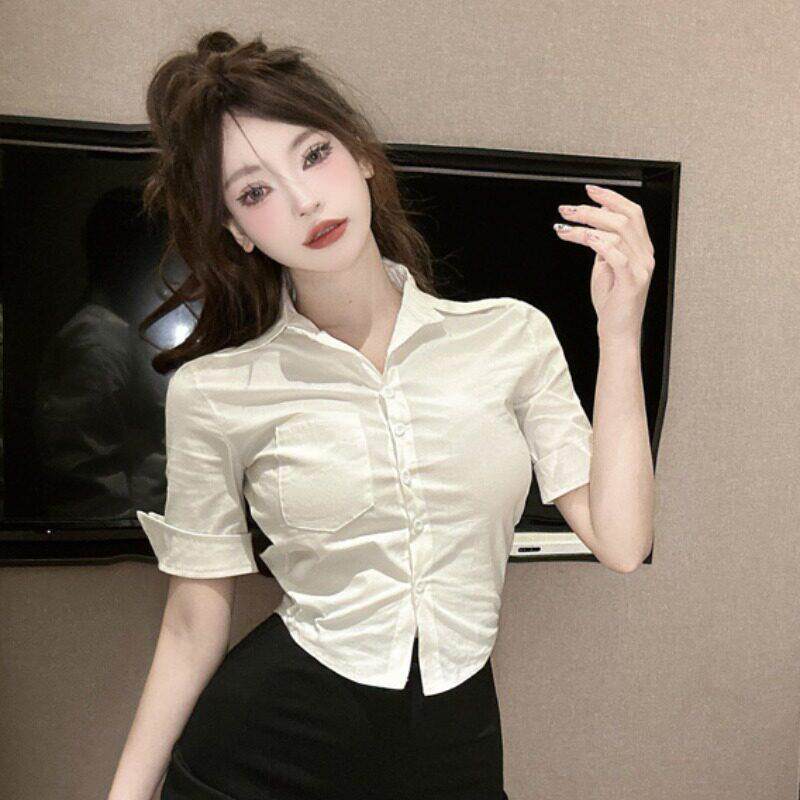 夏季短袖修身白色衬衫女小个子制服纯欲收腰职业衬衣辣妹短款上衣