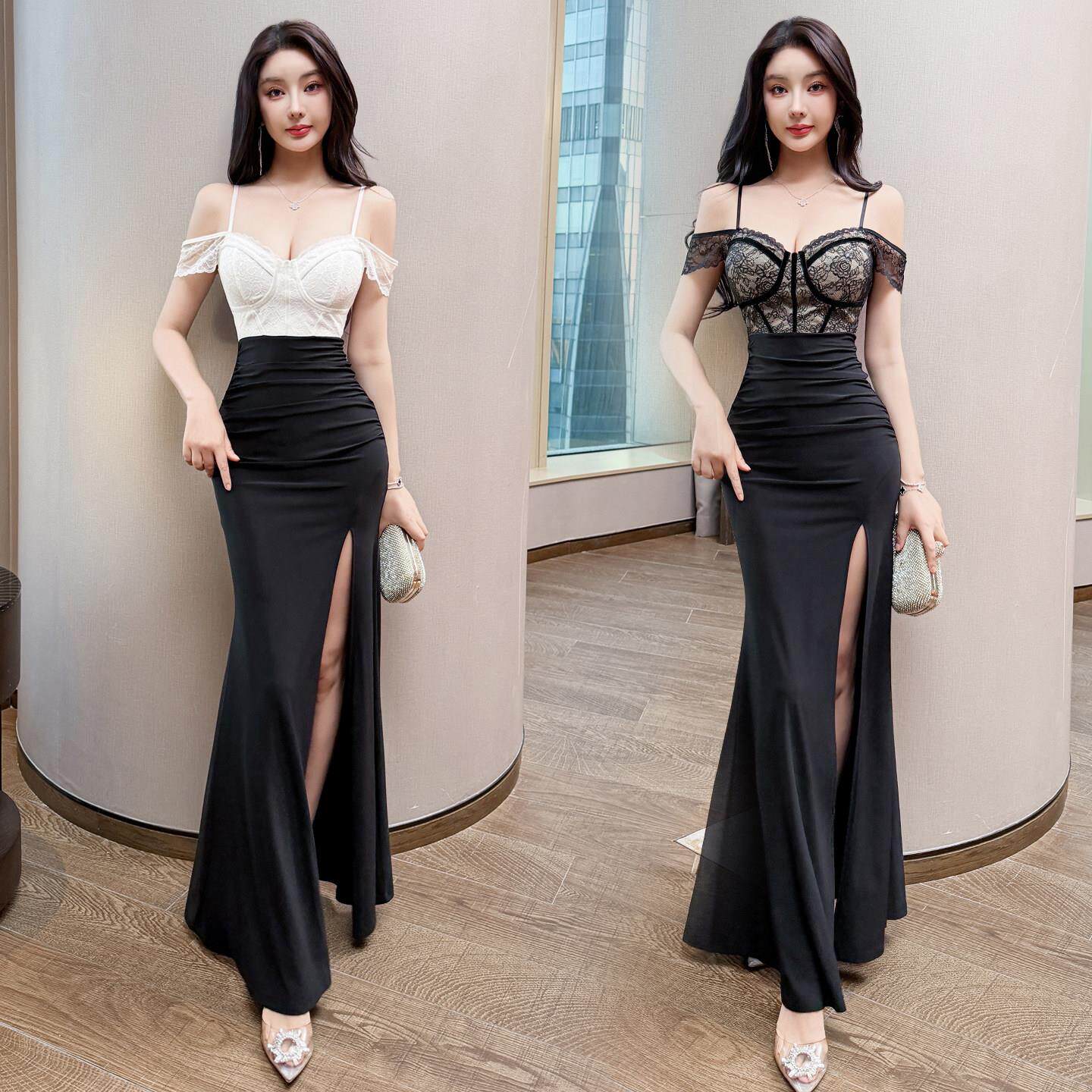 夜总会佳丽晚礼服吊带露肩蕾丝性感连衣裙女沐足疗技师工作服