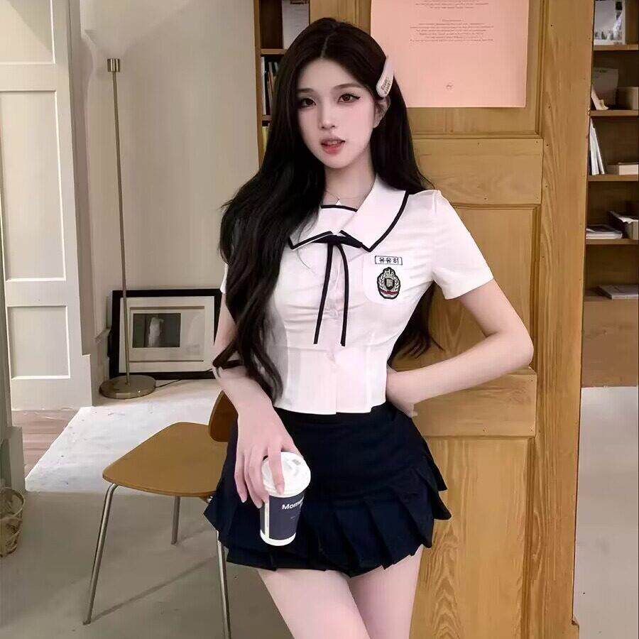 韩系学院风甜美制服女修身翻领粉色衬衫百褶裙美容院工作服套装