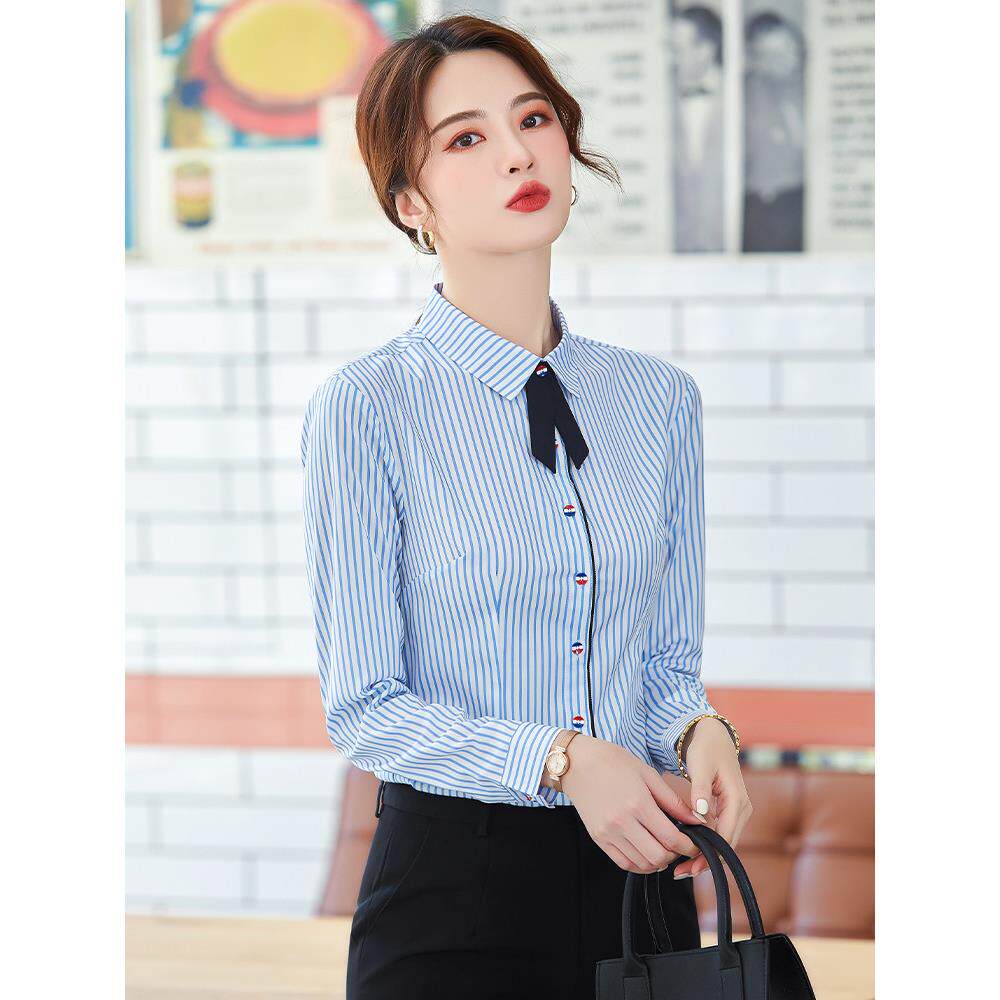 蓝色条纹衬衫女长袖2025春季职业装酒店前台服务员正装衬衣工作服