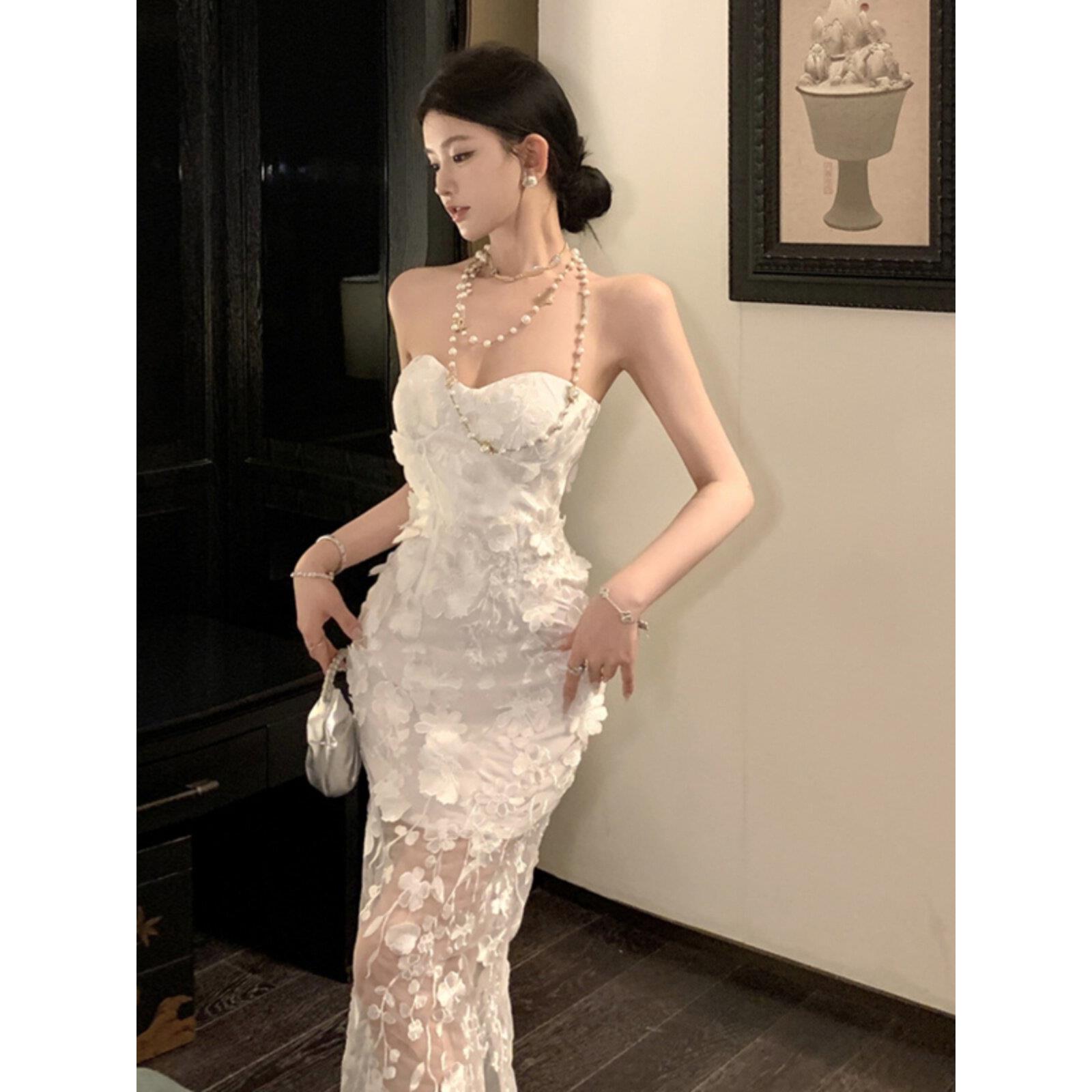 法式风气质感美人高级感网纱裹胸连衣裙一字肩高腰露背显瘦包臀裙