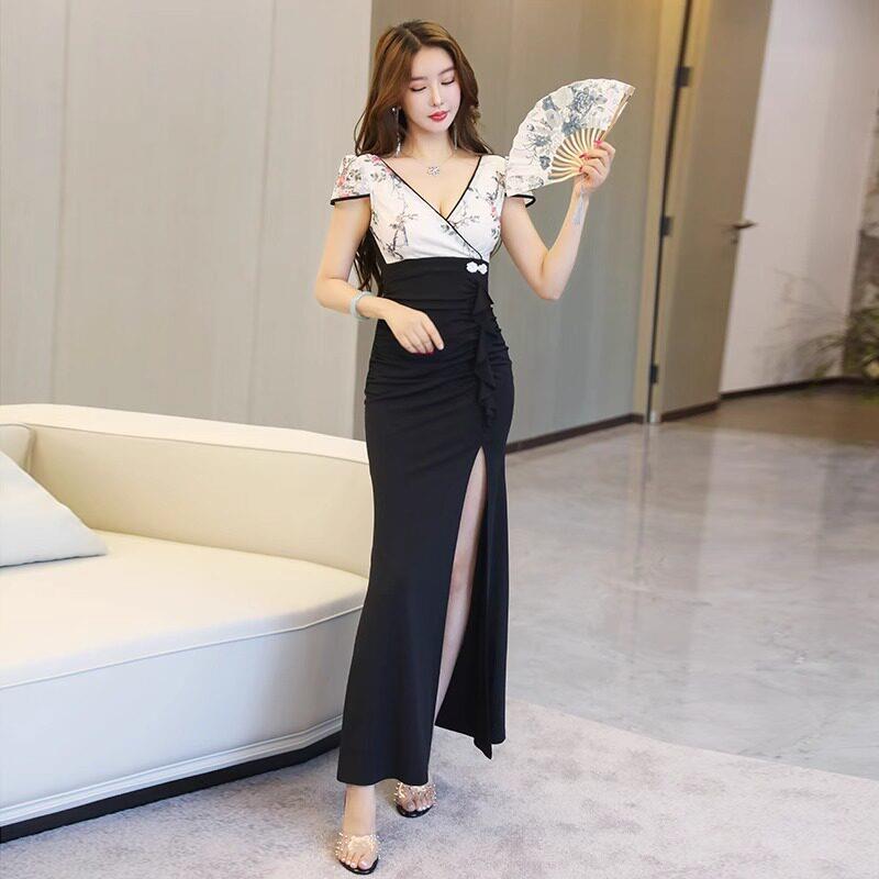 桑拿性感连衣裙女低胸开叉晚礼服长款气质柔式沐足技师工作服