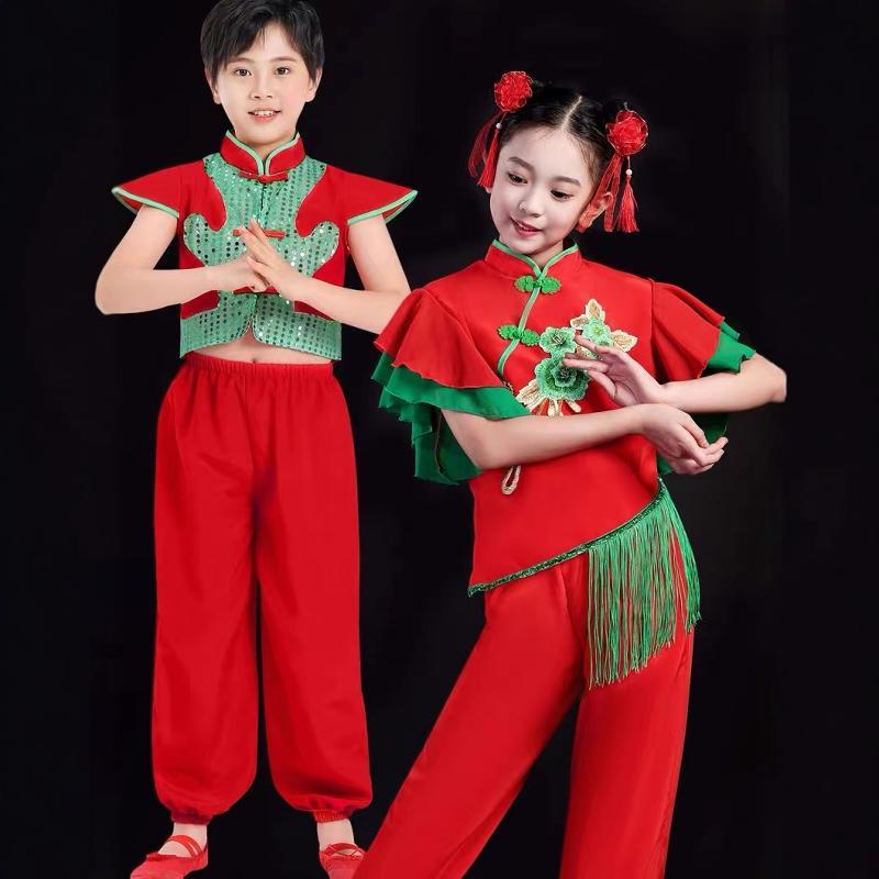 新款春夏秧歌舞蹈演出服男女红色喜庆中国风打鼓服开门红扇子舞
